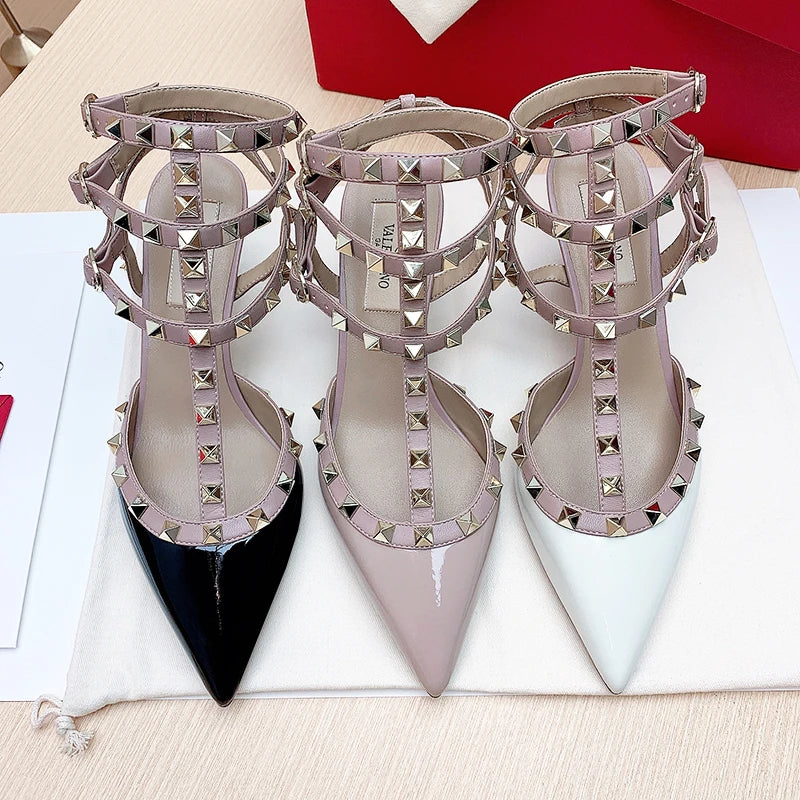 Luxury Women’s Heeled Sandals – 2024 Summer Gladiator Sandals with Rivet Details, Pointed Toe High Heel Designer Party Shoes