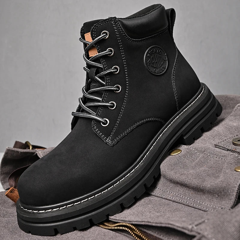 Men's High-Top Leather Boots – Winter Plush Warm Ankle Shoes, Non-Slip Outdoor Sneakers, Lace-Up Fashion Boots for Men