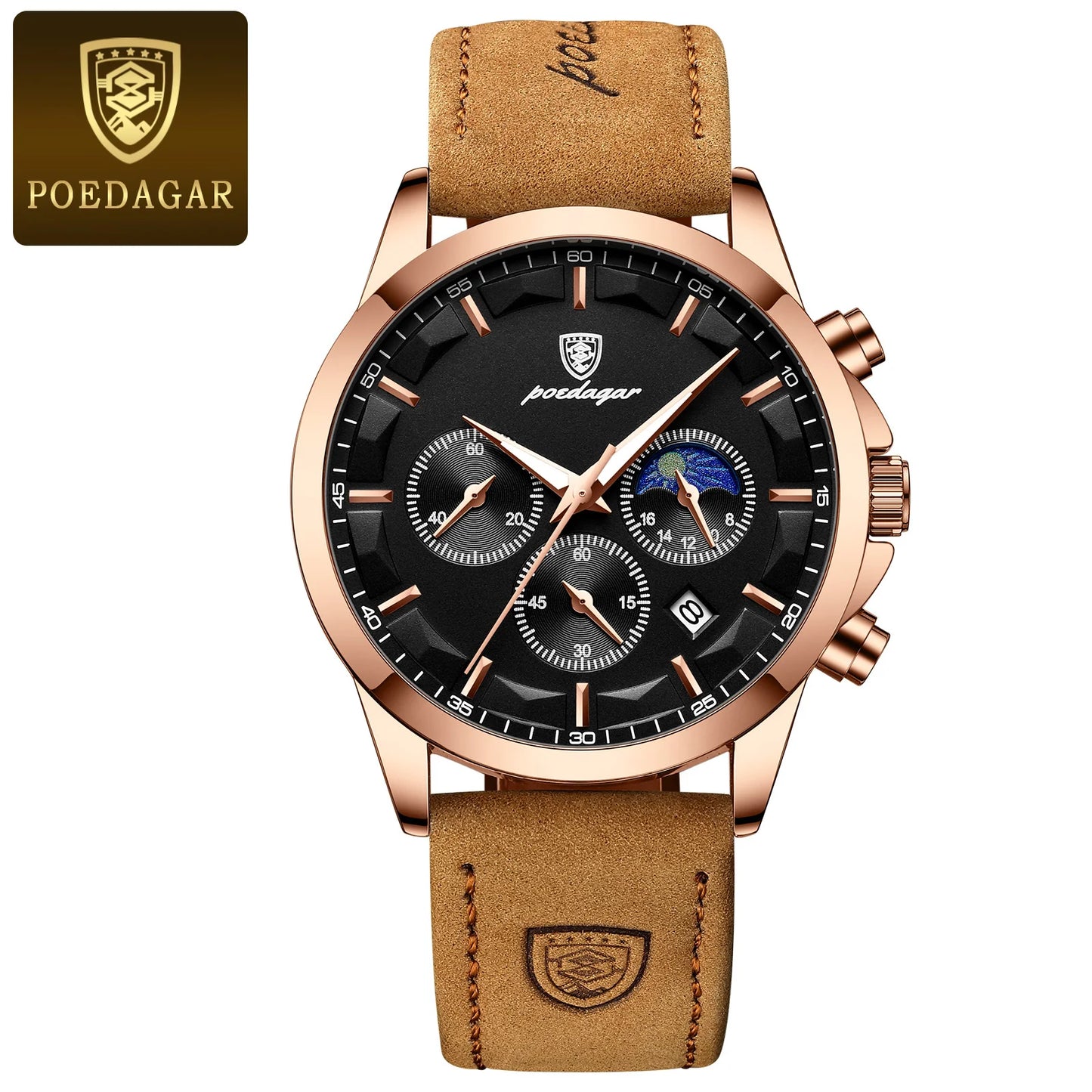 POEDAGAR Men's Luxury Sports Quartz Watch - Waterproof Chronograph with Luminous Hands & Leather Strap