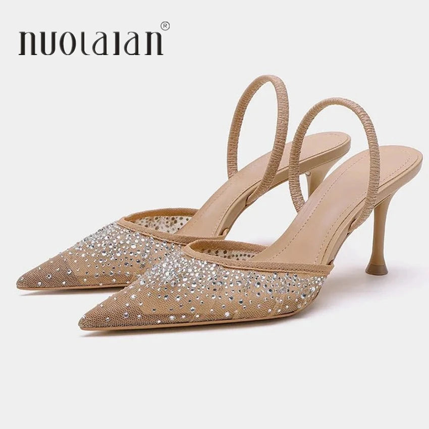 New Summer Women’s Sandals – Rhinestone Bright Mesh High Heels, Elegant Slingback Pointed Slip-On Party Lady Pumps Shoes