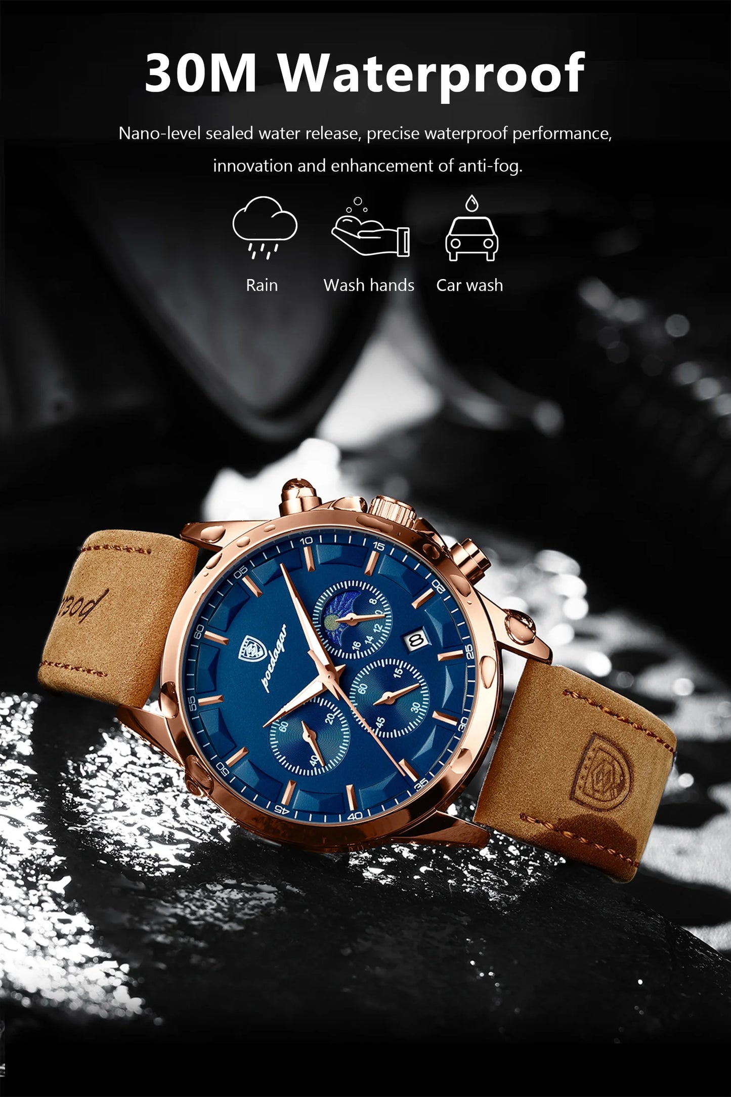 POEDAGAR Men's Luxury Sports Quartz Watch - Waterproof Chronograph with Luminous Hands & Leather Strap