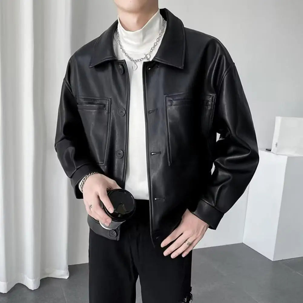 Men's Leather Biker Bomber Jacket – Smooth PU Motorcycle Jacket, Soft Texture Aviator Coat for Autumn