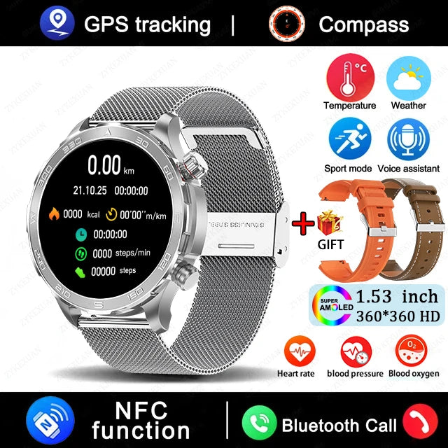 2025 New Bluetooth Call Smart Watch for Men – 1.53" AMOLED HD Screen, Heart Rate Monitor, NFC, GPS, IP68 Waterproof, Sports Smartwatch