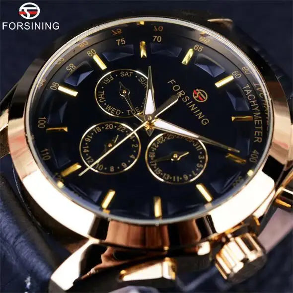 Forsining 2017 Retro Luxury Automatic Mechanical Watch for Men – Golden Design with Genuine Leather Strap & Multi-Dial Decoration