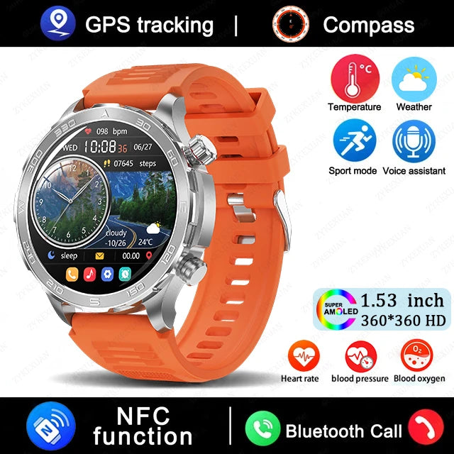 2025 New Bluetooth Call Smart Watch for Men – 1.53" AMOLED HD Screen, Heart Rate Monitor, NFC, GPS, IP68 Waterproof, Sports Smartwatch