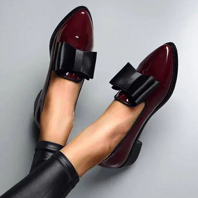 2025 Women’s Loafers with Bow Decor – Pointed Toe Flat Shoes in Patent Leather