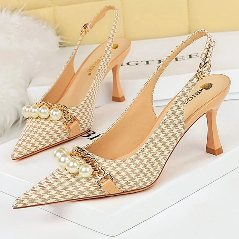 2025 Spring Women’s Pumps – Luxury Pearl & Metal Chain Stilettos with Checked Grain, High Heels Banquet Shoes for Women (Size 43)