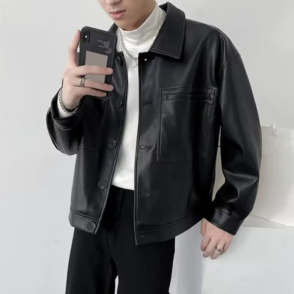 Men's Leather Biker Bomber Jacket – Smooth PU Motorcycle Jacket, Soft Texture Aviator Coat for Autumn