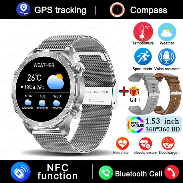 2025 New Bluetooth Call Smart Watch for Men – 1.53" AMOLED HD Screen, Heart Rate Monitor, NFC, GPS, IP68 Waterproof, Sports Smartwatch