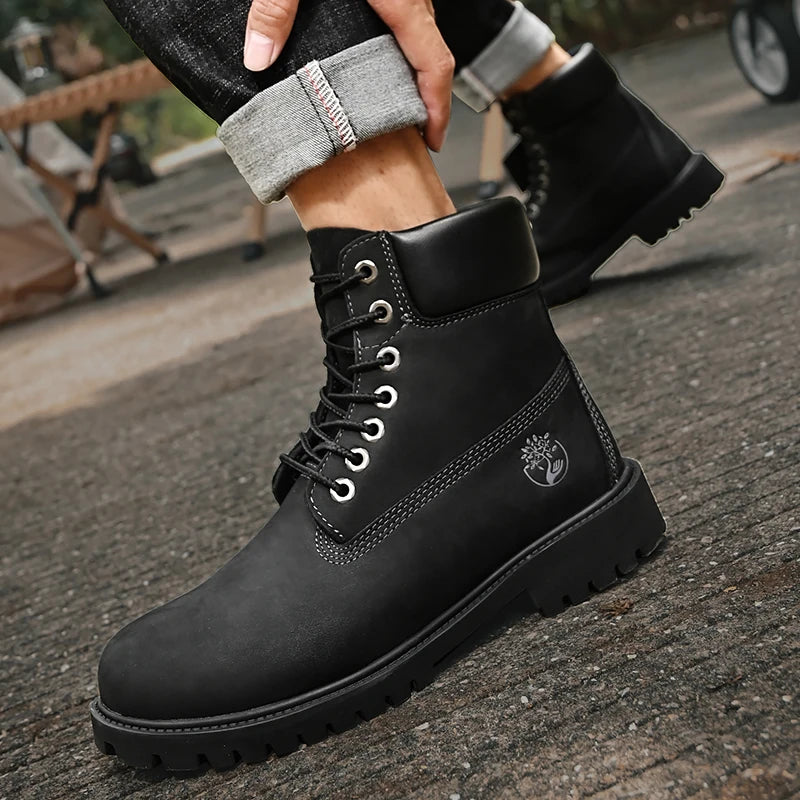 Men's High-Top Leather Boots – Winter Plush Warm Ankle Shoes, Non-Slip Outdoor Sneakers, Lace-Up Fashion Boots for Men