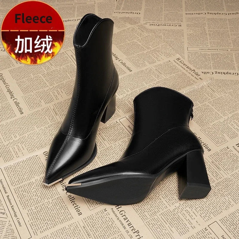 2025 Winter High Heels Women’s Luxury Chunky Ankle Chelsea Boots - Pointed Toe Zipper Goth Pumps