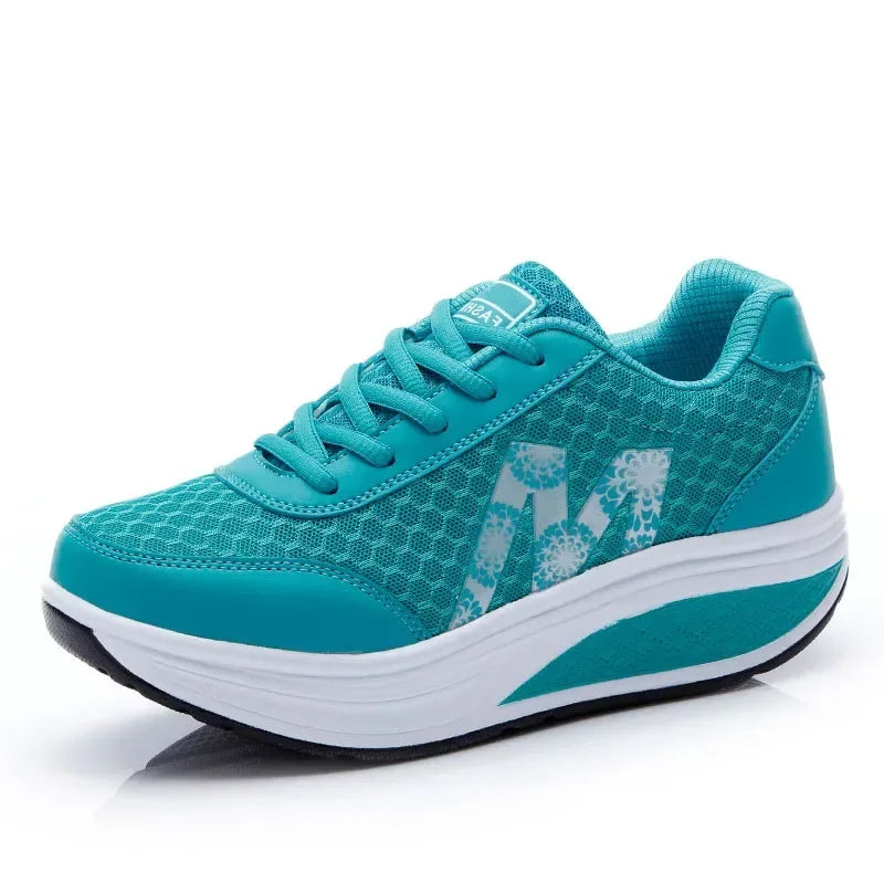 Women's Mesh Breathable Running Shoes – 2025 Fashion Lace-Up Wedge Platform Sneakers