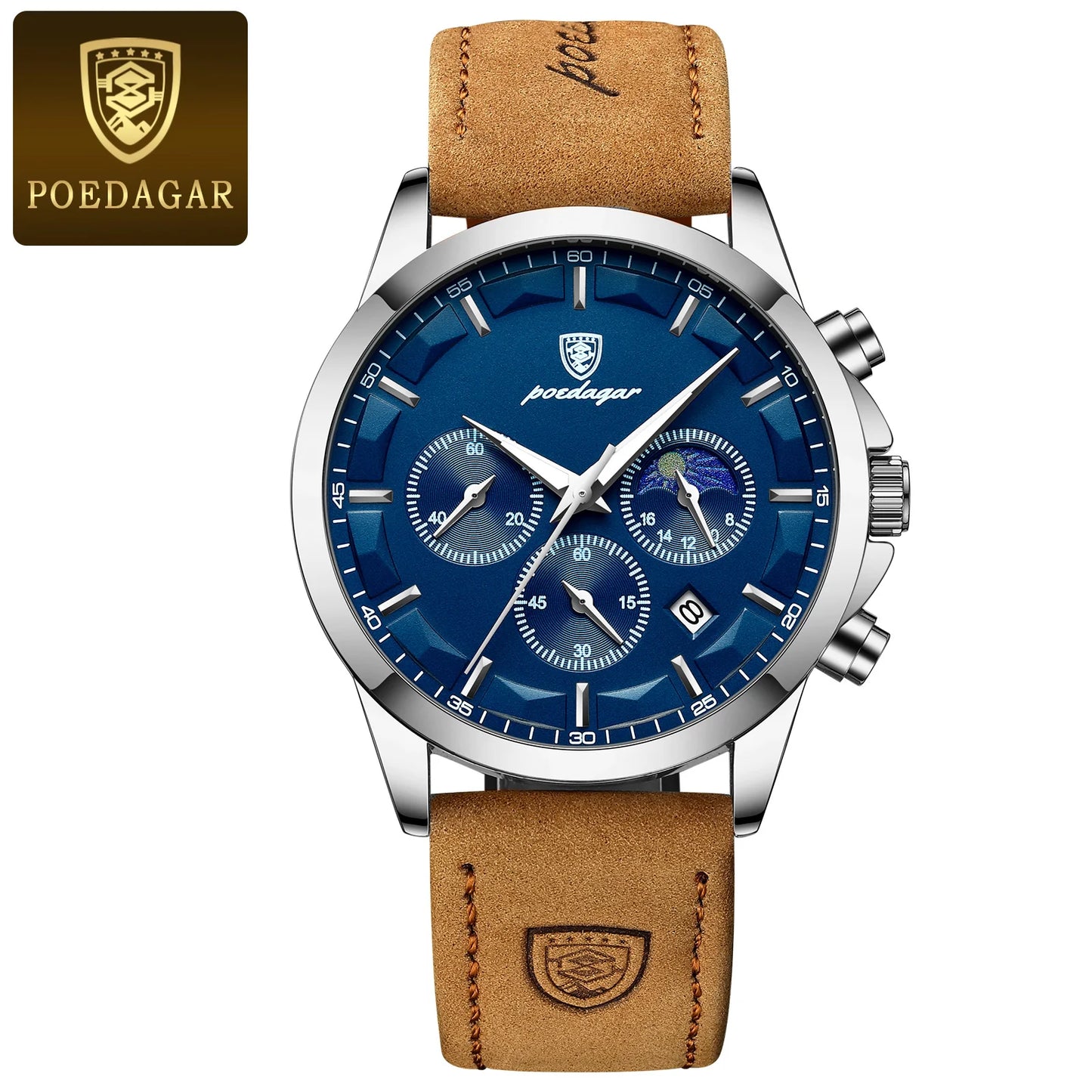 POEDAGAR Men's Luxury Sports Quartz Watch - Waterproof Chronograph with Luminous Hands & Leather Strap