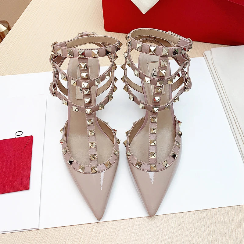 Luxury Women’s Heeled Sandals – 2024 Summer Gladiator Sandals with Rivet Details, Pointed Toe High Heel Designer Party Shoes