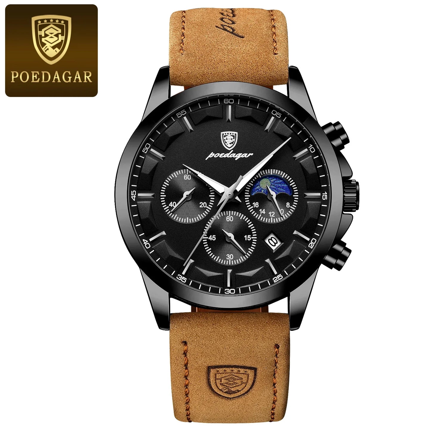 POEDAGAR Men's Luxury Sports Quartz Watch - Waterproof Chronograph with Luminous Hands & Leather Strap