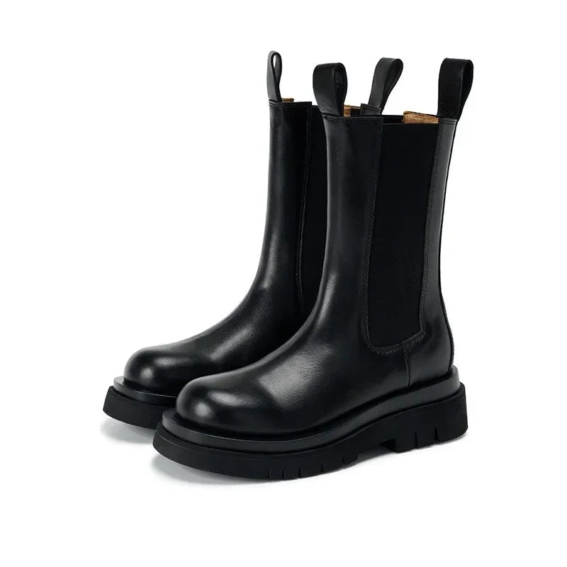 Classic Women's Black Chelsea Boots - Genuine Leather Ankle Boots with Platform & Elastic Band