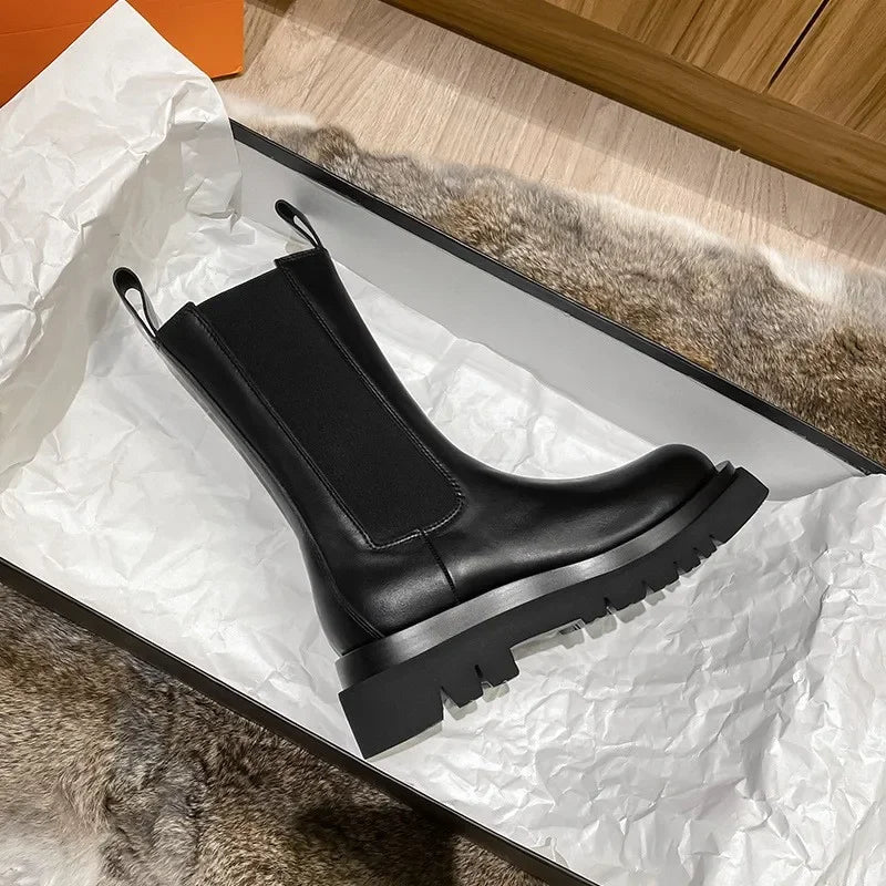 Classic Women's Black Chelsea Boots - Genuine Leather Ankle Boots with Platform & Elastic Band