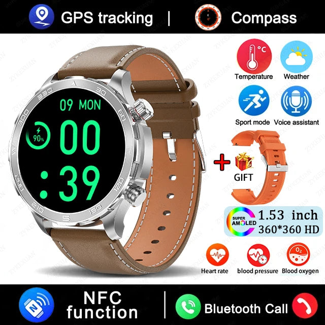 2025 New Bluetooth Call Smart Watch for Men – 1.53" AMOLED HD Screen, Heart Rate Monitor, NFC, GPS, IP68 Waterproof, Sports Smartwatch