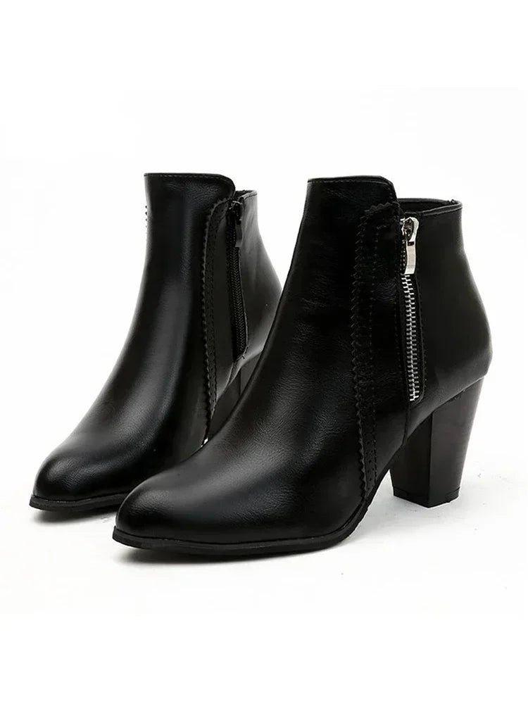 2025 Women’s High-Heel PU Leather Ankle Boots - 8cm Side Zipper Short Boots