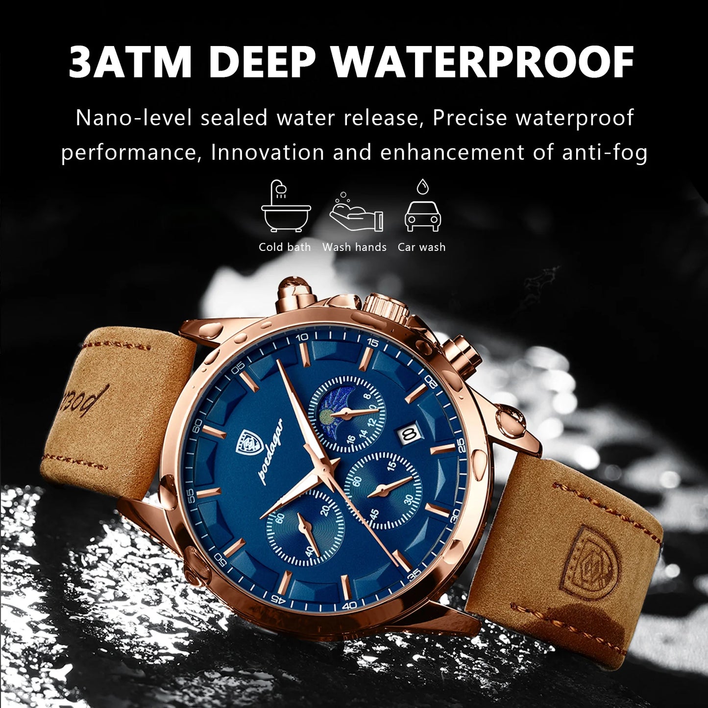 POEDAGAR Men's Luxury Sports Quartz Watch - Waterproof Chronograph with Luminous Hands & Leather Strap