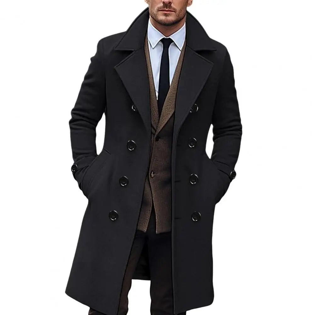 Men's Long Woolen Coat – Lapel Long Sleeve Solid Color Windbreaker with Pockets, Double Breasted Mid-Length Outwear