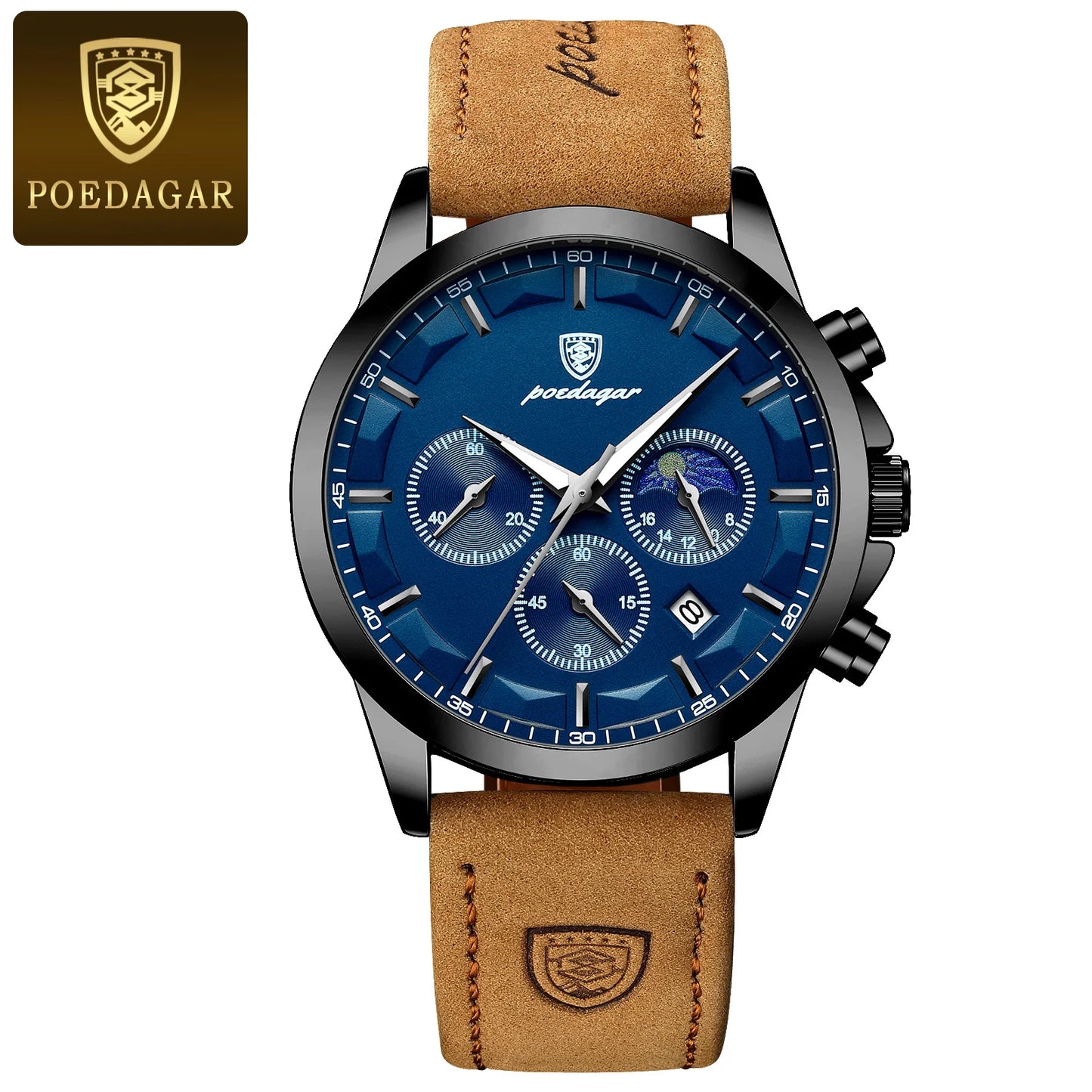 POEDAGAR Men's Luxury Sports Quartz Watch - Waterproof Chronograph with Luminous Hands & Leather Strap