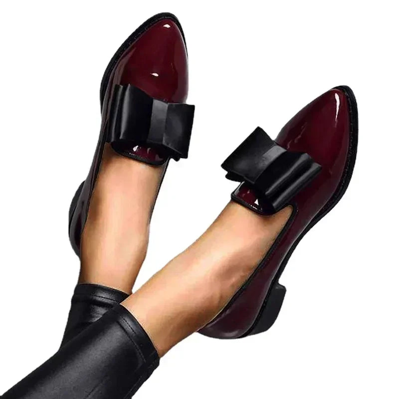 2025 Women’s Loafers with Bow Decor – Pointed Toe Flat Shoes in Patent Leather