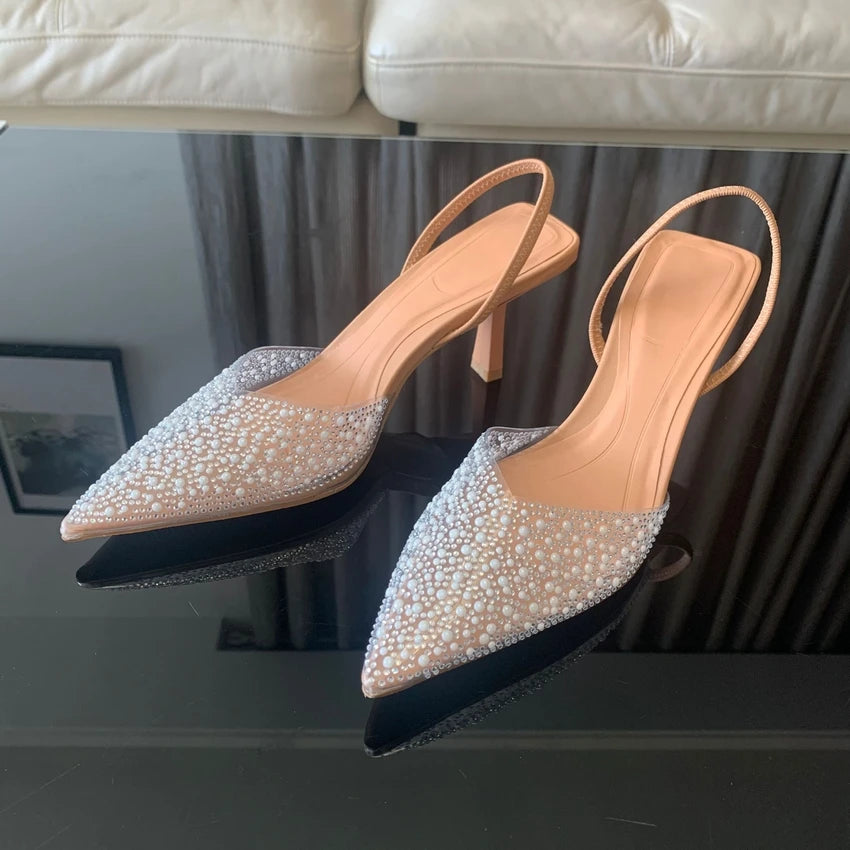 2025 Fashion Summer Women High Heels – Pearl Decoration Slingback Woman Pumps, Pointed Toe High Heels Sandals, Elegant Woman Shoes