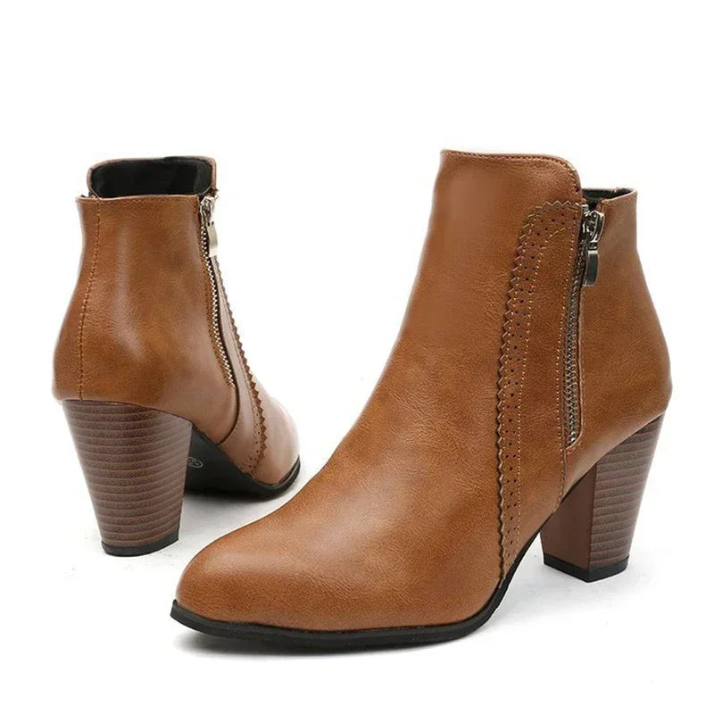 2025 Women’s High-Heel PU Leather Ankle Boots - 8cm Side Zipper Short Boots