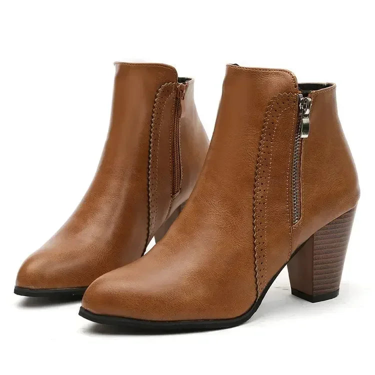 2025 Women’s High-Heel PU Leather Ankle Boots - 8cm Side Zipper Short Boots