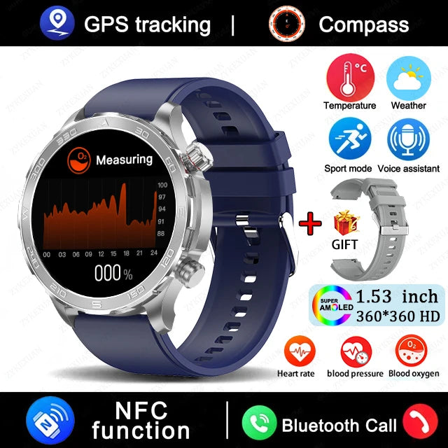 2025 New Bluetooth Call Smart Watch for Men – 1.53" AMOLED HD Screen, Heart Rate Monitor, NFC, GPS, IP68 Waterproof, Sports Smartwatch