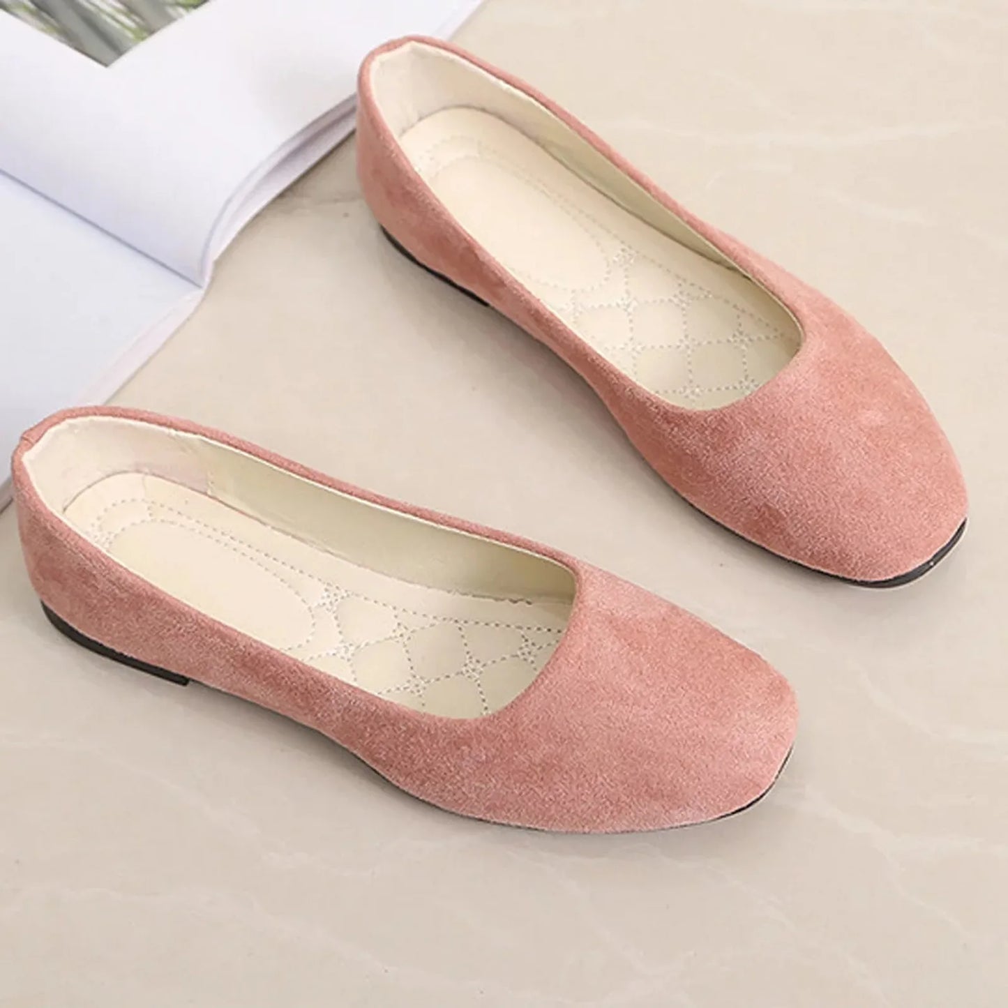 2025 Women’s Suede Square Flat Heel Shoes – Spring/Summer Square Toe Pumps (Size 34-39)