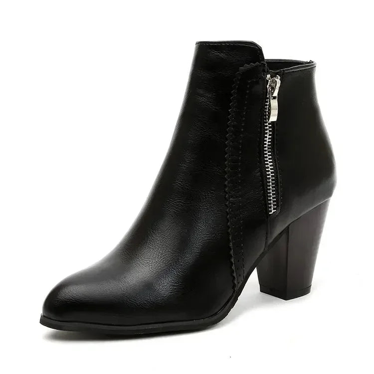 2025 Women’s High-Heel PU Leather Ankle Boots - 8cm Side Zipper Short Boots