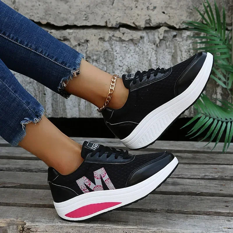 Women's Mesh Breathable Running Shoes – 2025 Fashion Lace-Up Wedge Platform Sneakers