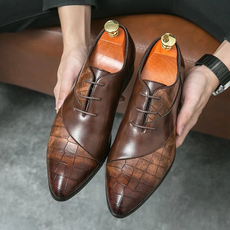 Luxury Leather Derby Shoes for Men – Pointed Toe Lace-Up Handmade Formal Business Footwear