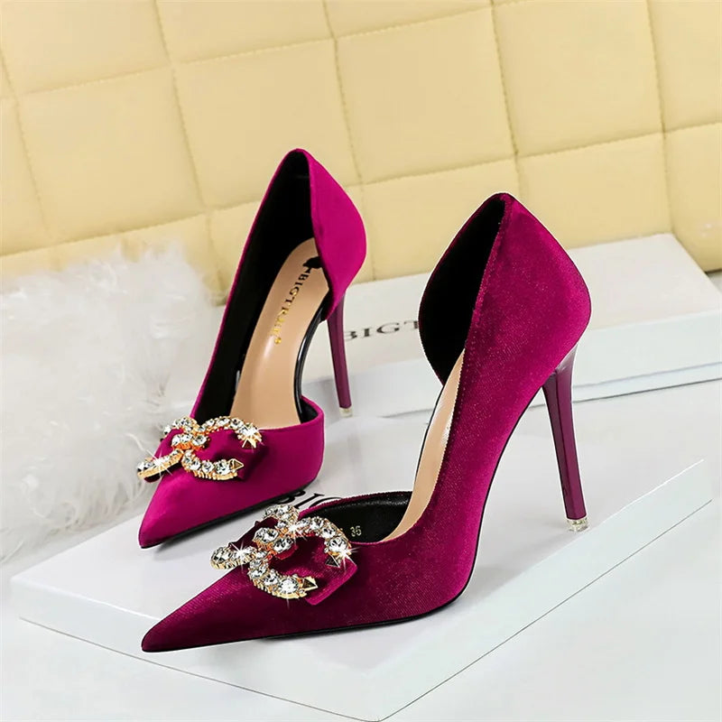 Fashion Women’s High Heel Rhinestone Buckle Bow Pumps – Velvet Green & Pink Pointed Toe, Elegant Wedding & Evening Shoes