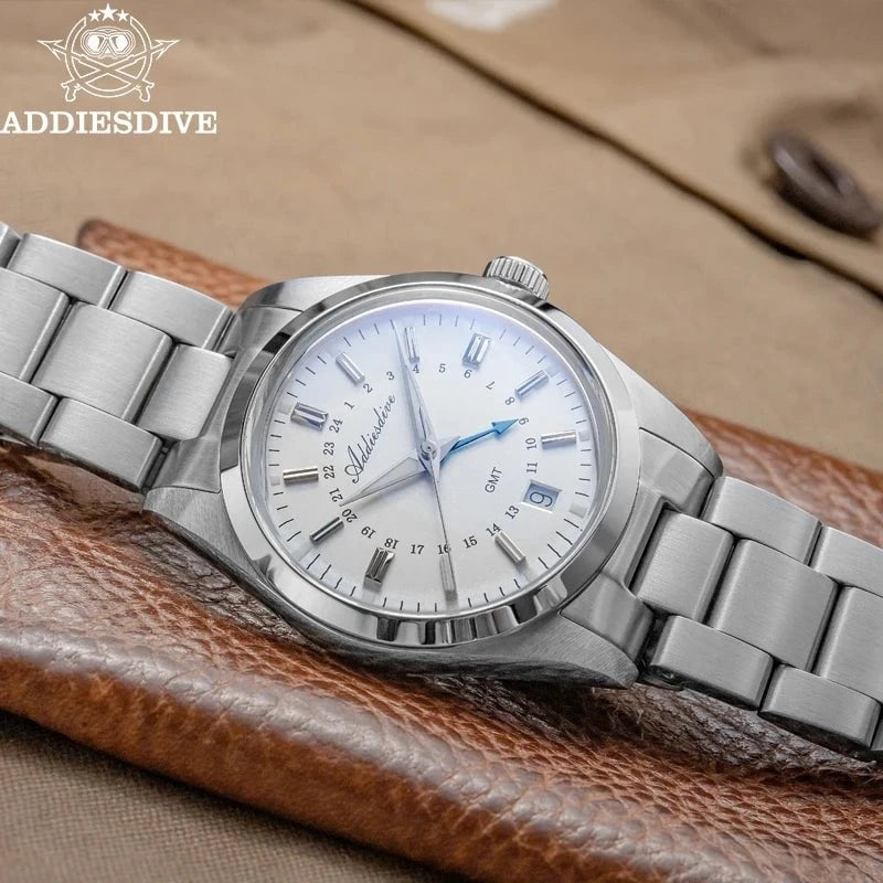ADDIESDIVE AD2065 Men's 36mm GMT Quartz Watch – Stainless Steel, BGW9 Luminous Dial, 100M Waterproof, Screw - Down Crown by Luxe Ahmar – Available at LUXE AHMAR