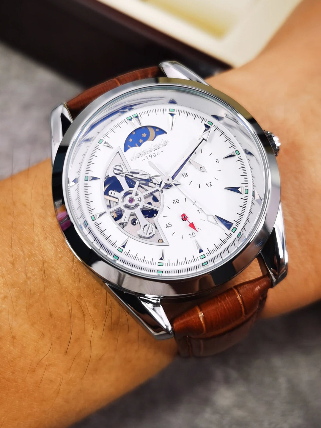 AOKULASIC Fashion Tourbillon Skeleton Automatic Mechanical Watch – Luxury Men's Timepiece with Luminous Hands & Brown Leather Strap, Perfect Gift by Luxe Ahmar – Available at LUXE AHMAR