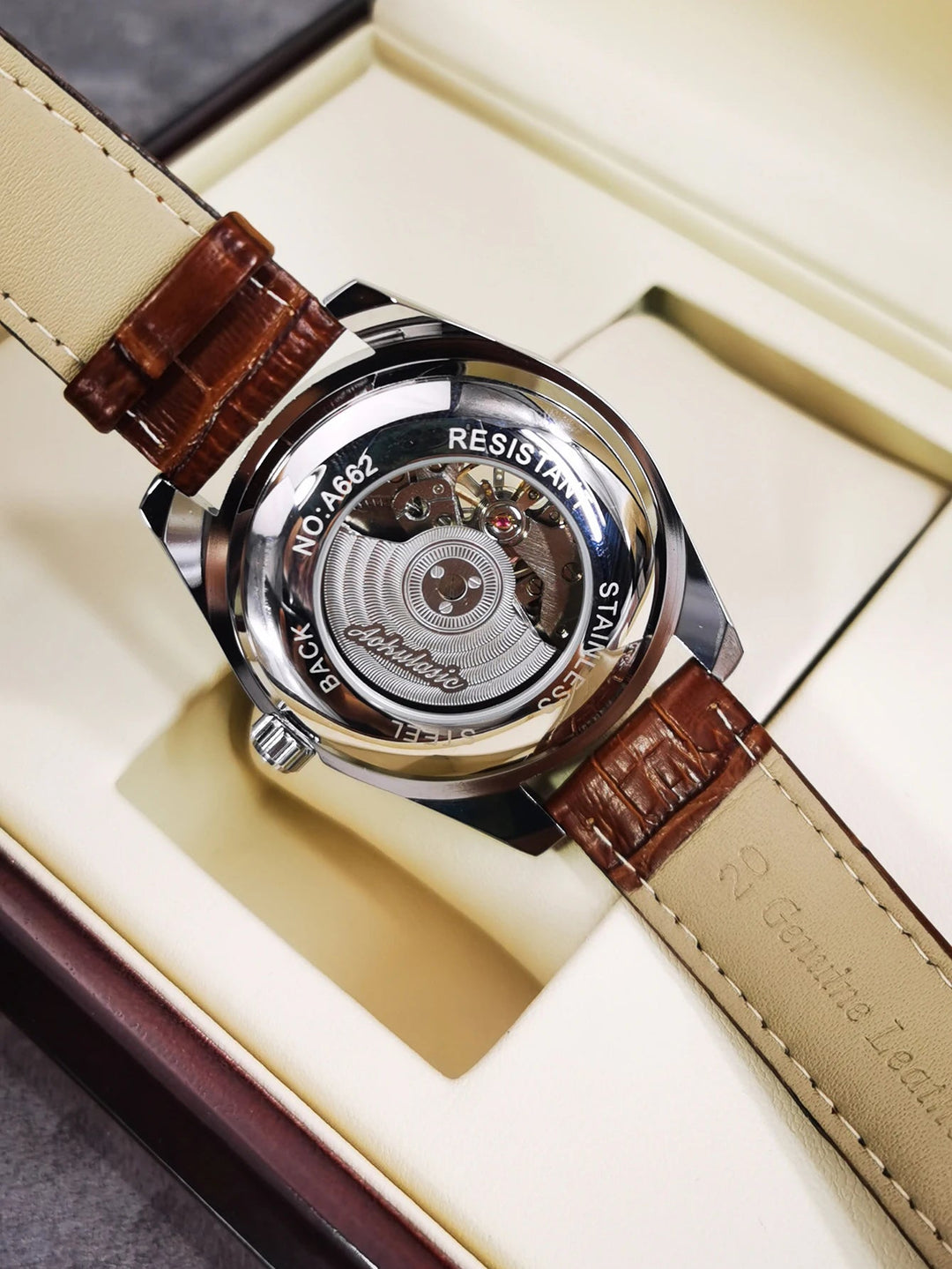 AOKULASIC Fashion Tourbillon Skeleton Automatic Mechanical Watch – Luxury Men's Timepiece with Luminous Hands & Brown Leather Strap, Perfect Gift by Luxe Ahmar – Available at LUXE AHMAR