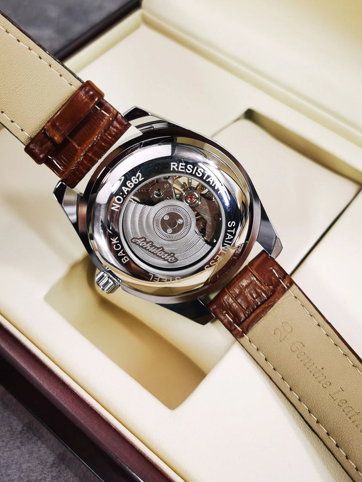 AOKULASIC Fashion Tourbillon Skeleton Automatic Mechanical Watch – Luxury Men's Timepiece with Luminous Hands & Brown Leather Strap, Perfect Gift by Luxe Ahmar – Available at LUXE AHMAR