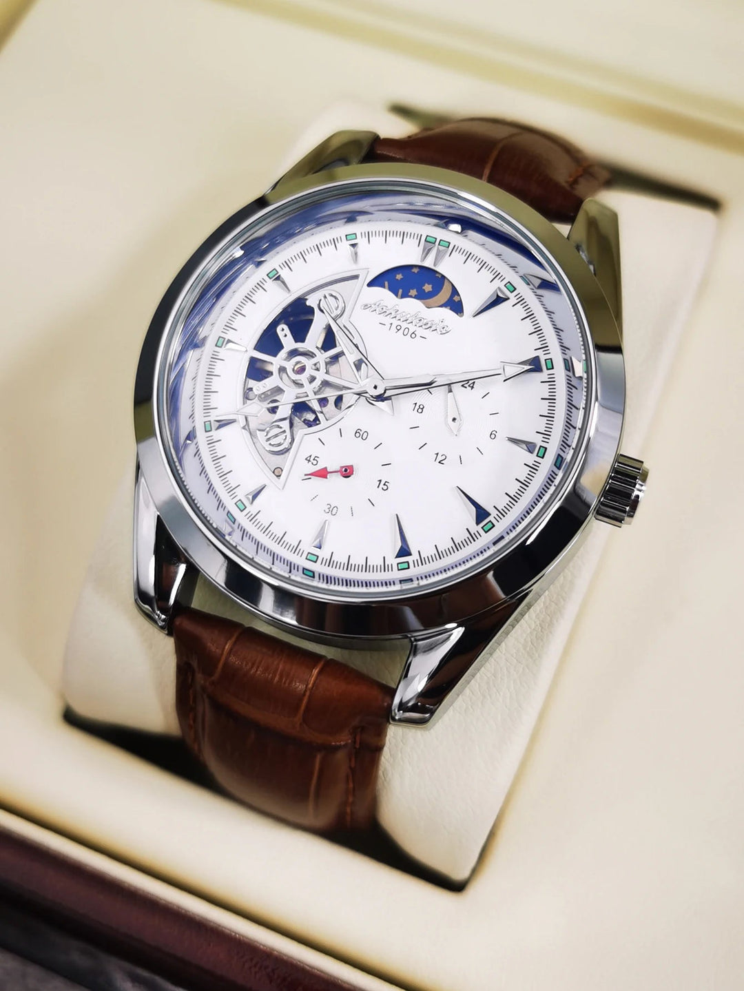 AOKULASIC Fashion Tourbillon Skeleton Automatic Mechanical Watch – Luxury Men's Timepiece with Luminous Hands & Brown Leather Strap, Perfect Gift by Luxe Ahmar – Available at LUXE AHMAR