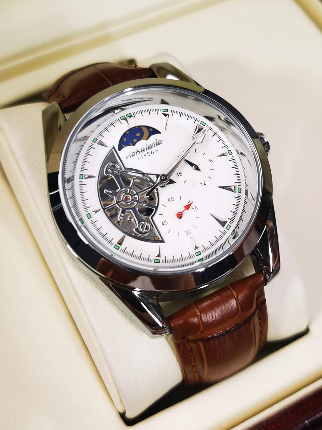 AOKULASIC Fashion Tourbillon Skeleton Automatic Mechanical Watch – Luxury Men's Timepiece with Luminous Hands & Brown Leather Strap, Perfect Gift by Luxe Ahmar – Available at LUXE AHMAR