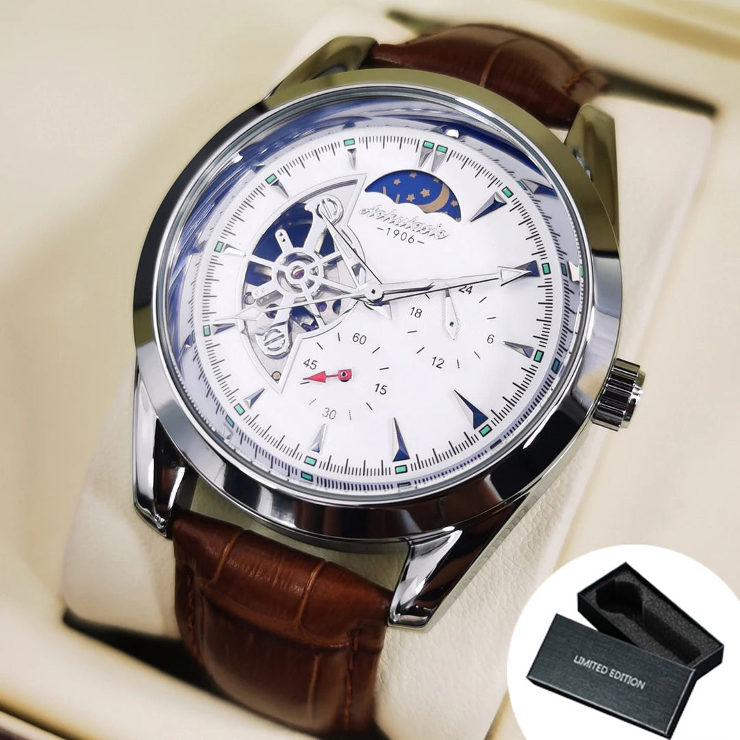 AOKULASIC Fashion Tourbillon Skeleton Automatic Mechanical Watch – Luxury Men's Timepiece with Luminous Hands & Brown Leather Strap, Perfect Gift by Luxe Ahmar – Available at LUXE AHMAR