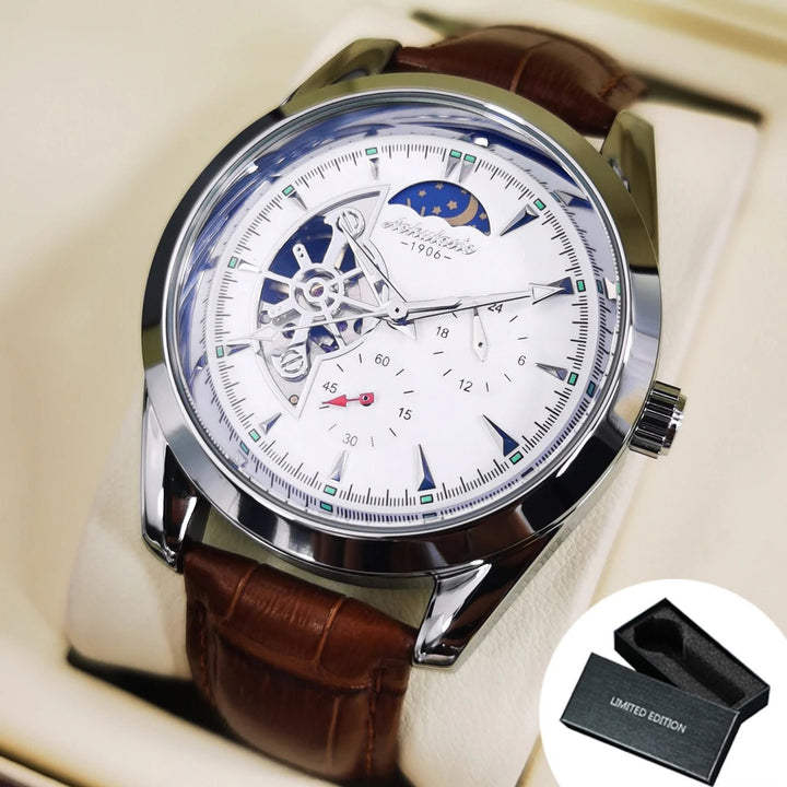 AOKULASIC Fashion Tourbillon Skeleton Automatic Mechanical Watch – Luxury Men's Timepiece with Luminous Hands & Brown Leather Strap, Perfect Gift by Luxe Ahmar – Available at LUXE AHMAR