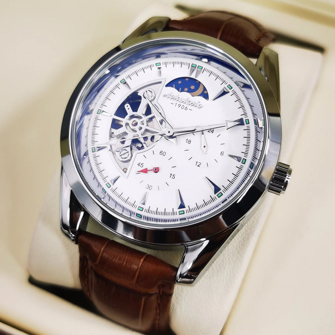 AOKULASIC Fashion Tourbillon Skeleton Automatic Mechanical Watch – Luxury Men's Timepiece with Luminous Hands & Brown Leather Strap, Perfect Gift by Luxe Ahmar – Available at LUXE AHMAR
