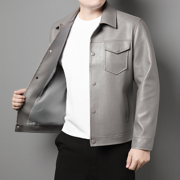 Men’s Lightweight Printed Leather Jacket – Slim Fit Lapel Coat for Spring & Autumn
