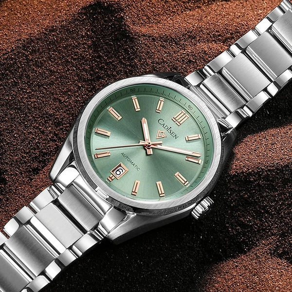 CADISEN 2025 Luminous Men's Automatic Watch – NH35 Mechanical Stainless Steel Green Dial Sapphire 10Bar Waterproof Timepiece by Luxe Ahmar – Available at LUXE AHMAR