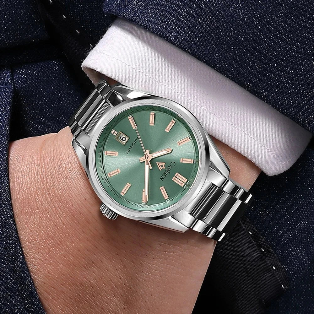 CADISEN 2025 Luminous Men's Automatic Watch – NH35 Mechanical Stainless Steel Green Dial Sapphire 10Bar Waterproof Timepiece by Luxe Ahmar – Available at LUXE AHMAR