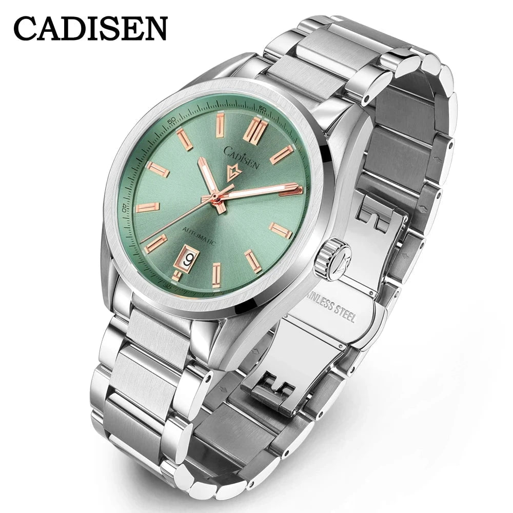 CADISEN 2025 Luminous Men's Automatic Watch – NH35 Mechanical Stainless Steel Green Dial Sapphire 10Bar Waterproof Timepiece by Luxe Ahmar – Available at LUXE AHMAR