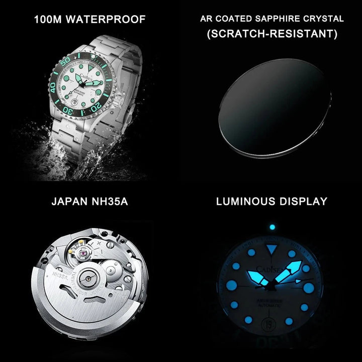 CADISEN Aqua Diver 2025 Automatic Men's Watch – Luxury NH35A Mechanical Stainless Steel 100M Waterproof Timepiece by Luxe Ahmar – Available at LUXE AHMAR